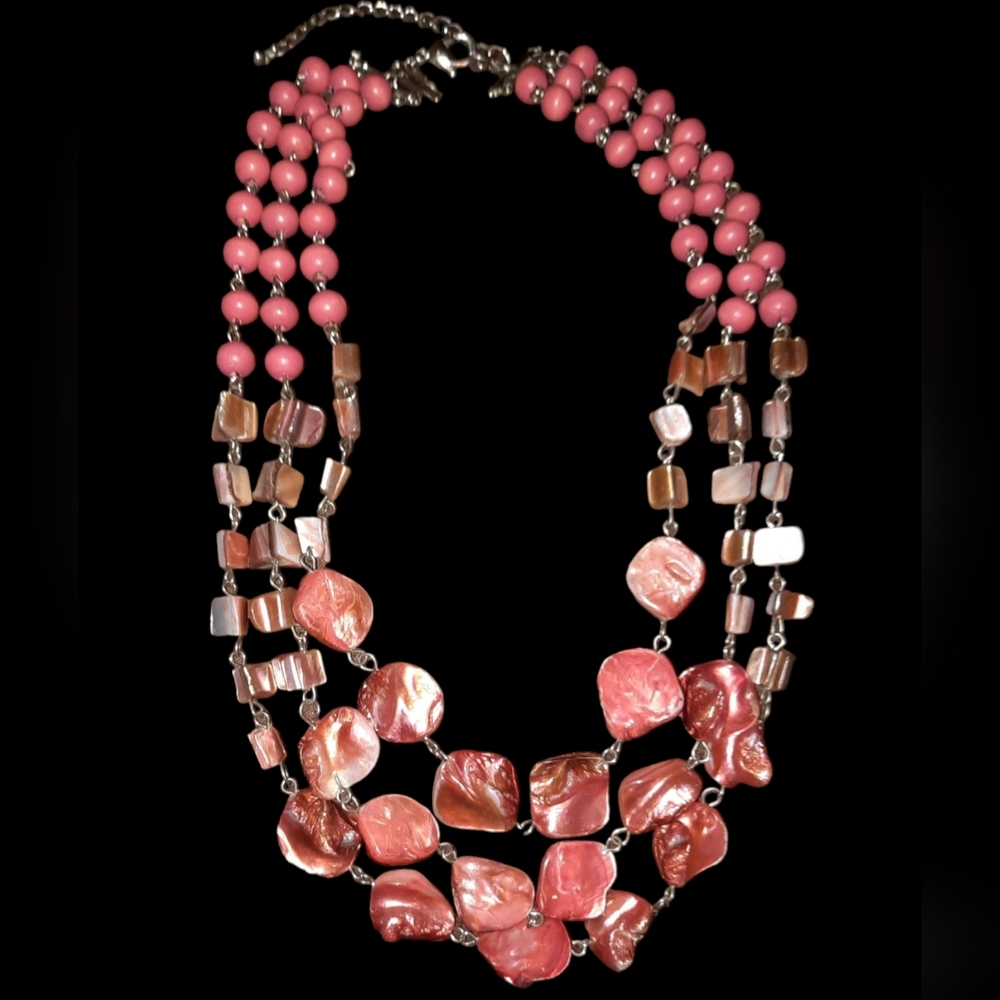 Bead And Shell Multistrand Necklace Signed Silver… - image 1